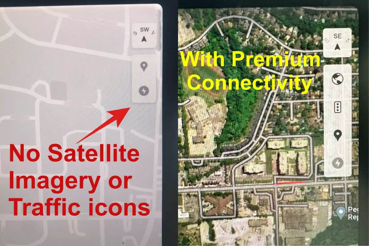 Tesla Premium Connectivity Worth It? Two maps shown with and without Satellite or traffic icons