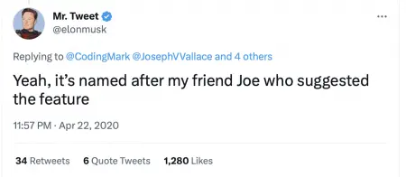 Twitter post by Elon Musk stating he named Joe Mode after his friend Joe suggested the feature