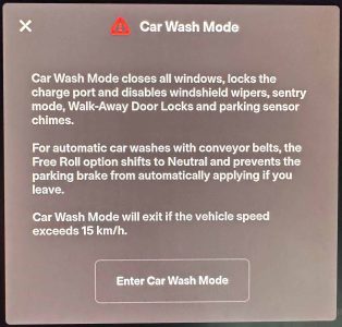 car wash mode warning for Tesla Car Wash Mode