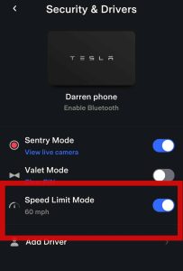 Tesla App showing Speed Limit mode