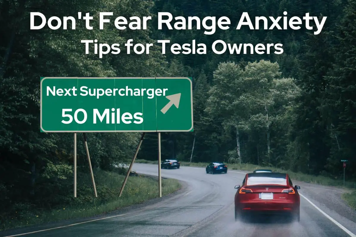 Tesla driving down a rural wet road, a road sign reads next supercharge 50 miles. Title Reads "Dont Fear Range anxiety"
