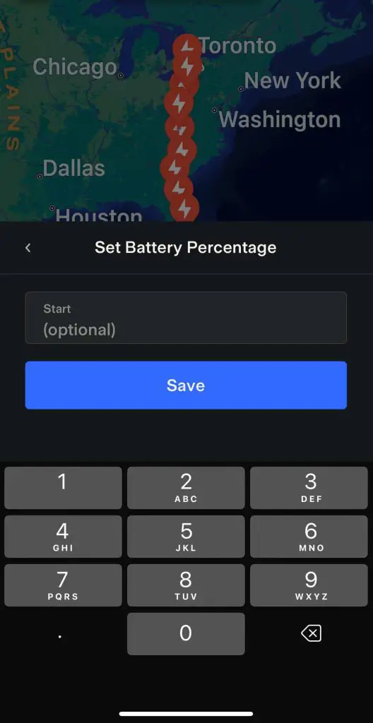Tesla app using the Tesla Trip Planner section. Set your Battery percentage before you leave