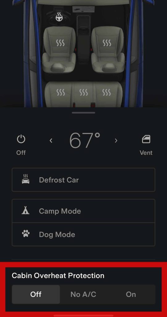 Tesla mobile app showing where to control Tesla Cabin Overheat Protection