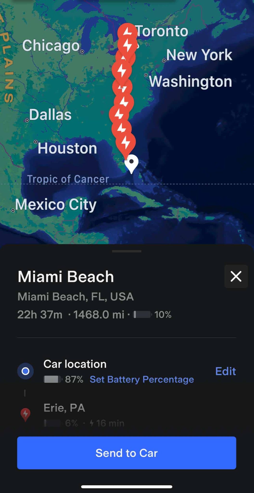 trip planning in tesla app