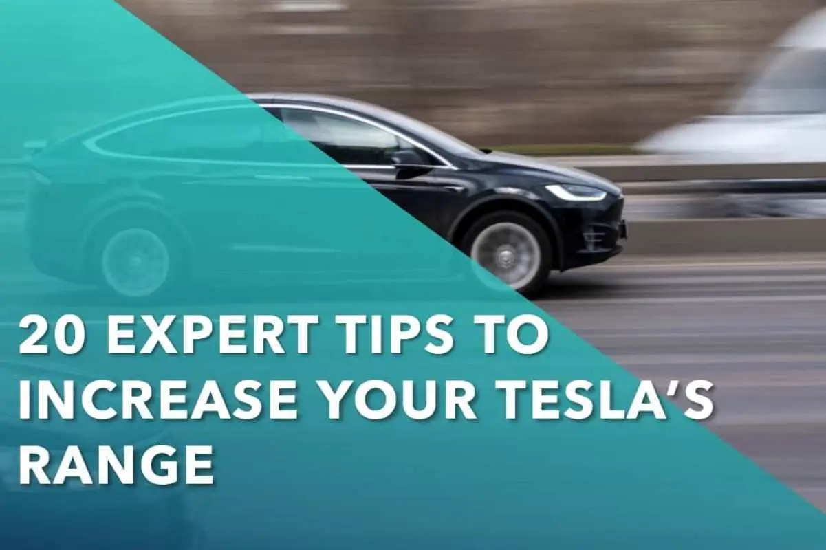 Tesla driving fast down the highway. Title reads 20 expert tips to Tips to Increase your Tesla's Range