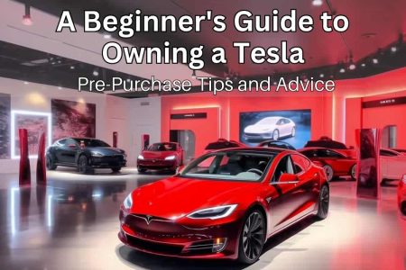 red tesla in a Tesla showroom. Title reads A Beginner's Guide to Owning a Tesla: Pre-Purchase Tips and Advice