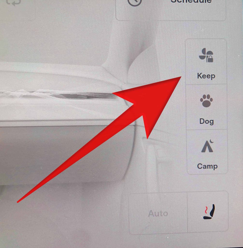Tesla touchscreen showing the Keep Mode button