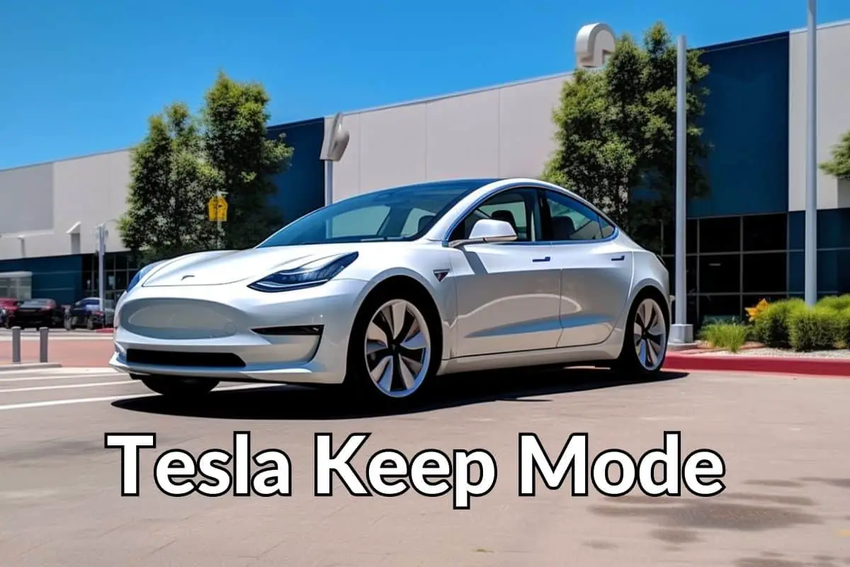 Tesla Model 3 parked outside a mall. Title reads Tesla Keep Mode