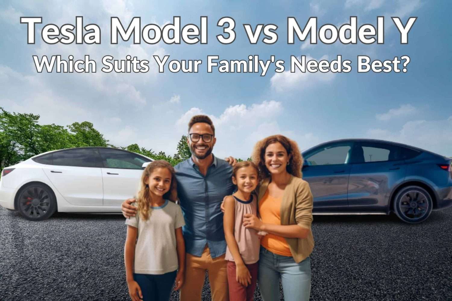 Family standing in front of a Tesla model Y and Model 3. Title reads Which Suits Your Family Needs Best? Tesla Model 3 vs Model Y