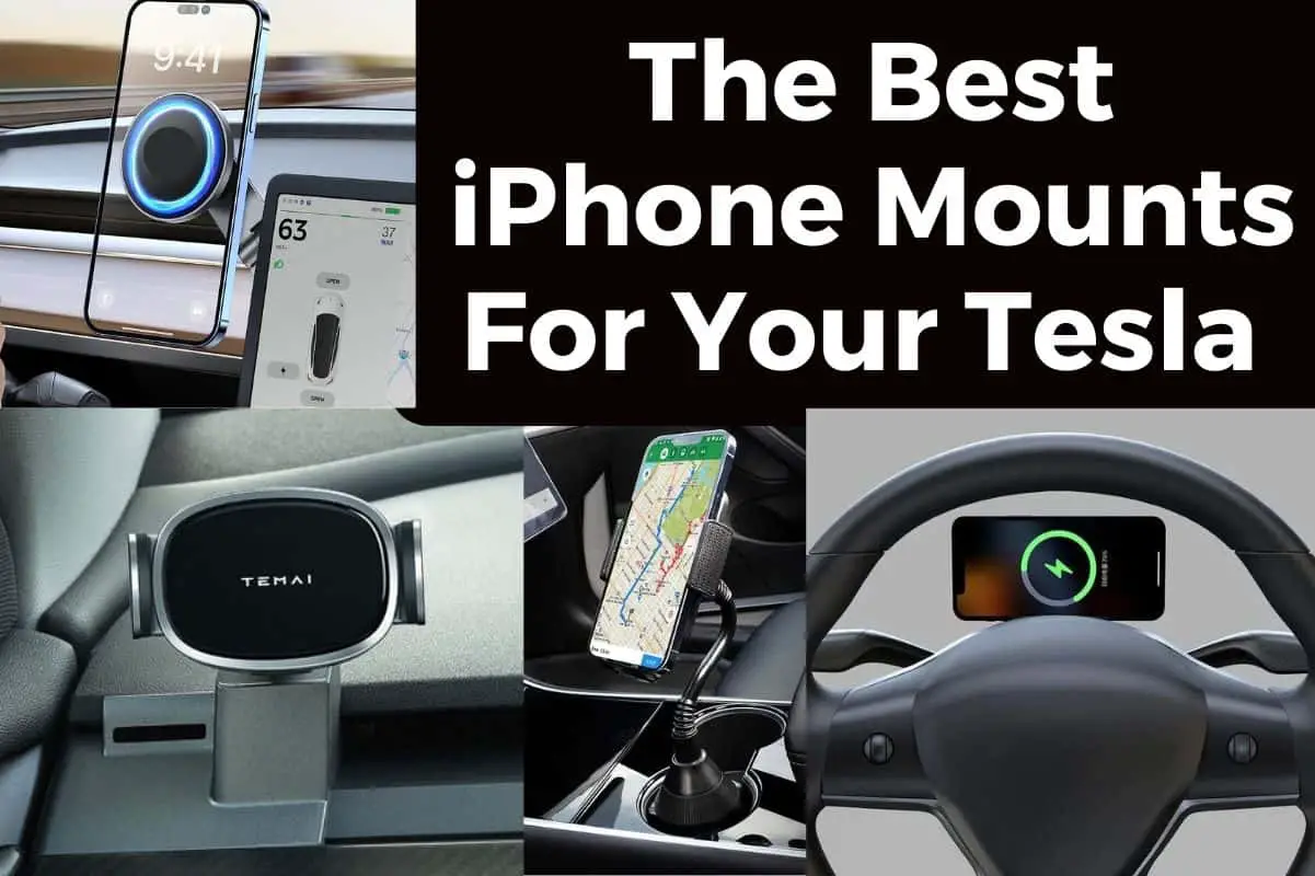 picture with 4 different iphone mounts. Title is Best Tesla iPhone mounts