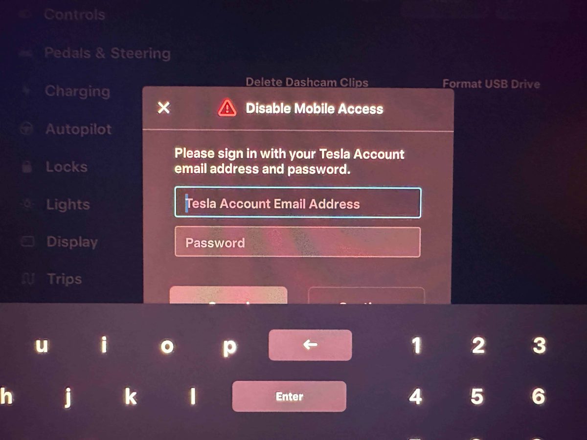 Tesla account login on the Tesla touchscreen - hide your Tesla location