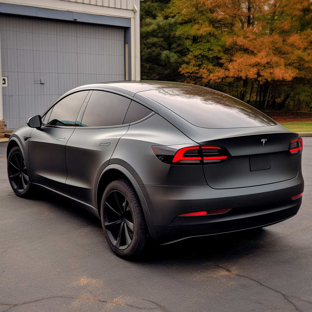 Tesla Model Y in a driveway with a Grey wrap